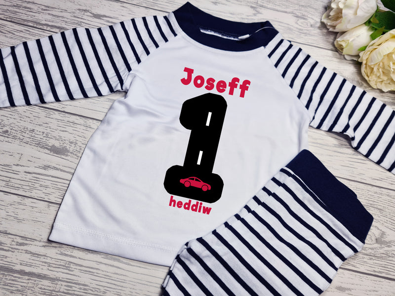 Personalised WELSH Navy Birthday CAR Baby pyjamas with  Any AGE and NAME