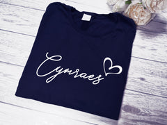 Custom Women's NAVY t-shirt Cymraes heart with choice of colour detail