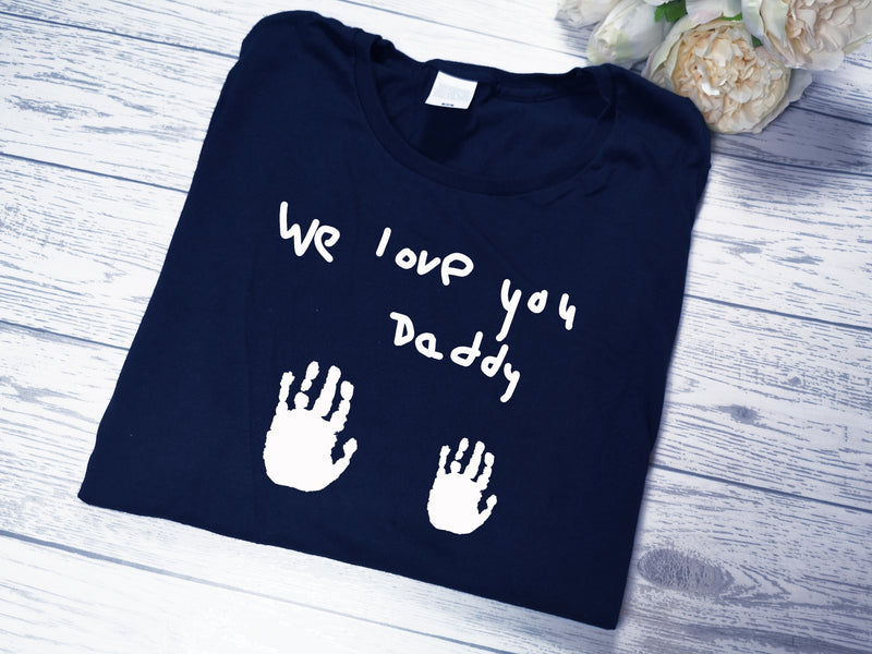 Personalised Welsh NAVY Dad t-shirt with Handprints and kids handwriting detail