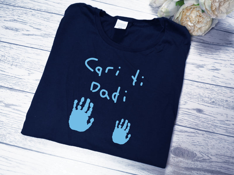 Personalised Welsh NAVY Dad t-shirt with Handprints and kids handwriting detail