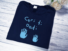 Personalised Welsh NAVY Dad t-shirt with Handprints and kids handwriting detail