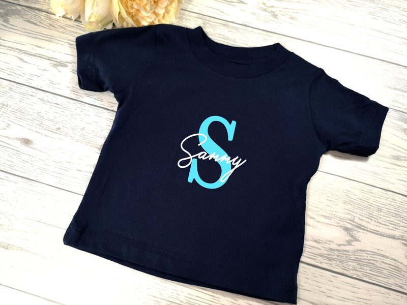 Personalised Navy Baby t-shirt with letter and name detail