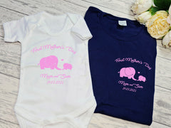 Personalised first Mother's day Matching Mother and Baby Navy T-shirt and baby grow vest