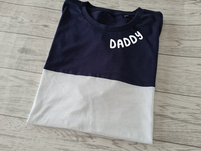 Personalised Men's UNISEX split Navy T-shirt DAD collar Name detail father's day