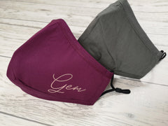 Personalised protective 3 layer fabric mask with Name detail in a choice of colours