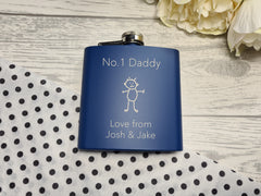 Personalised Engraved father's day NO1 dad with message and hand drawn picture Navy or black stainless steel hip flask 6oz