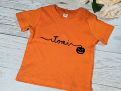 Personalised ORANGE Halloween NAME pumpkin Baby t-shirt