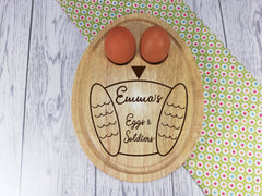 Personalised Engraved Owl Wooden Egg Shaped breakfast board Any Name