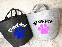 Personalised Grey Small or large Felt Dog Pet storage trug bag with Paw print