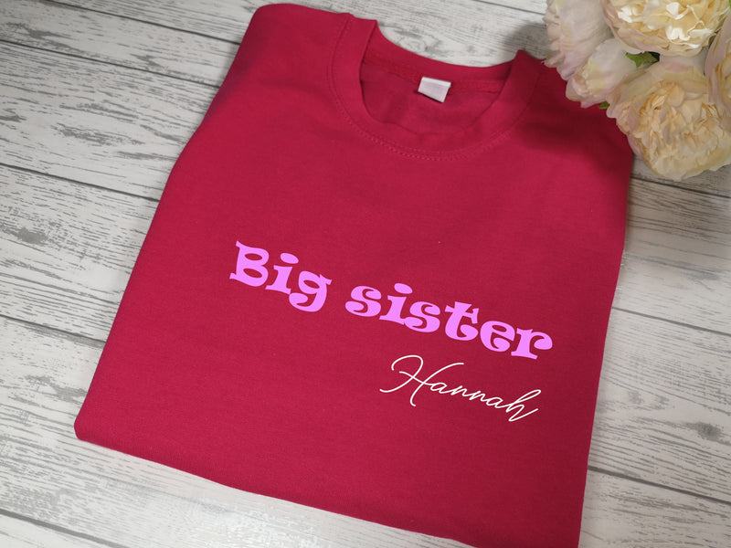 Personalised Kids Pink Big sister t-shirt with name detail