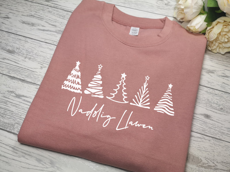 Custom Unisex WELSH DUSKY PINK Christmas trees jumper Nadolig Llawen detail in a choice of colours