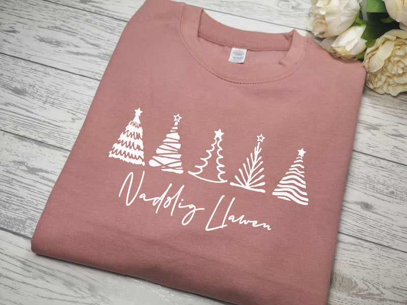 Custom Kids Welsh DUSKY PINK Christmas tree jumper Nadolig llawen detail