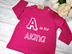 Personalised HOT PINK letter is for Name BABY long sleeve t-shirt