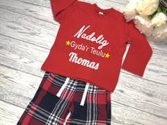 Personalised Welsh Family Christmas RED and tartan pyjamas Pjs Nadolig gyda'r teulu detail