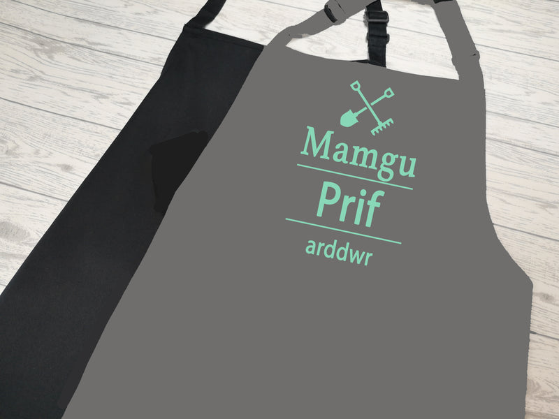 Personalised adults Welsh Head Gardener Prif arddwr apron in grey or black