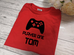 Personalised Kids Gaming RED custom t-shirt with choice of colour detail