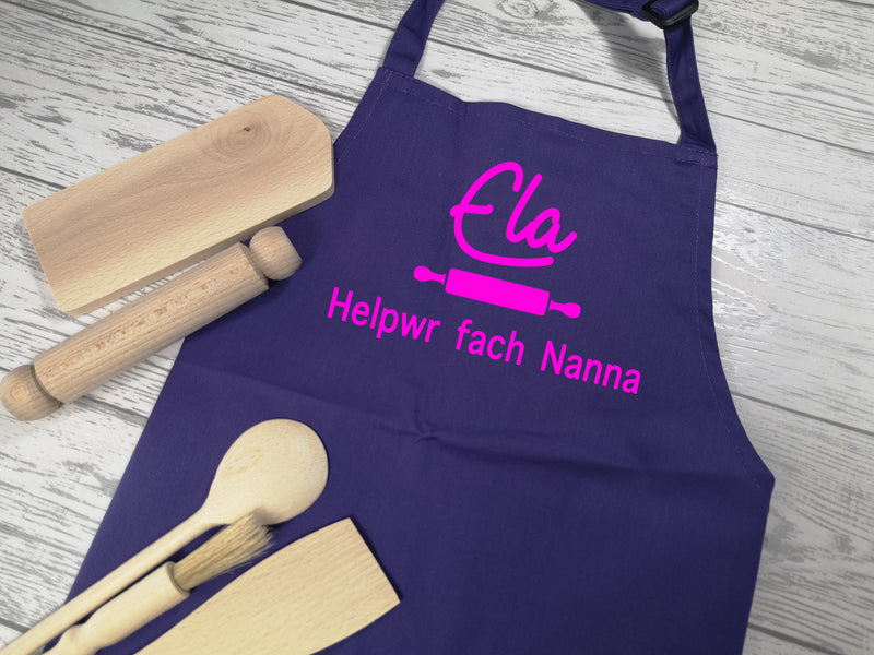 Personalised children's Welsh Helpwr bach / fach Purple apron
