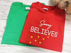 Personalised kids Christmas RED or GREEN t-shirt Name believes detail