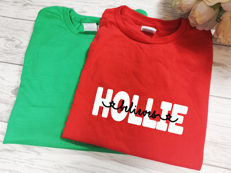 Personalised kids Christmas RED or GREEN t-shirt Bold Name believes detail