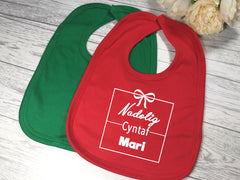 Personalised First christmas Welsh Bibs Nadolig cyntaf Name detail