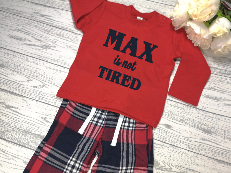 Personalised Baby and kids RED and tartan pyjamas Pjs Name is not TIRED detail