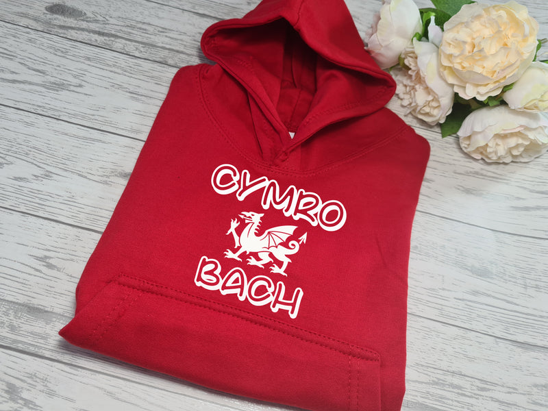 Custom WELSH Kids RED hoodie with CYMRO BACH dragon detail