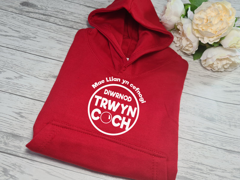 Personalised Welsh Red nose day kids RED hoodie with Name diwrnod trwyn coch