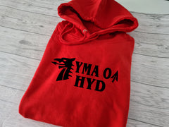 Custom welsh UNISEX Red hoodie dragon YMA O HYD detail
