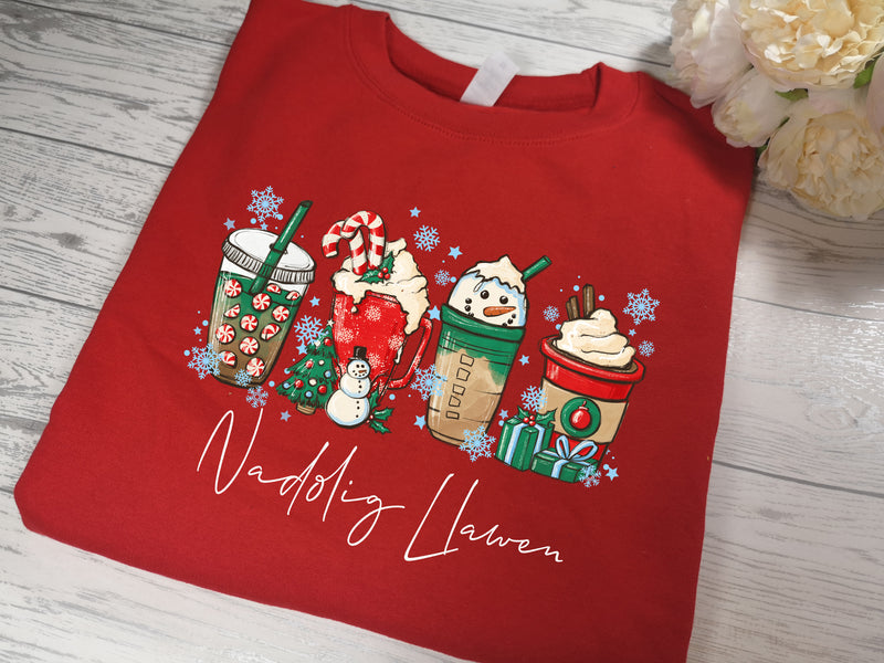 Custom Unisex Welsh RED Nadolig LLawen Christmas drinks jumper coffee hot chocolate latte Coffi