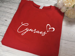Custom Welsh RED Kids CYMRAES heart JUMPER with choice of colour detail