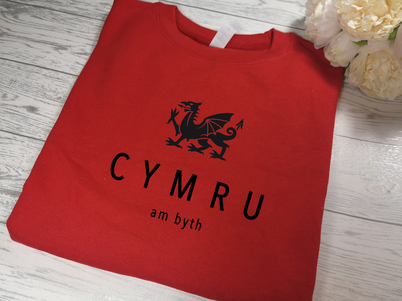 Custom Welsh dragon RED Kids CYMRU JUMPER with choice of colour detail
