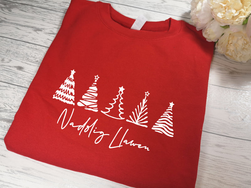 Custom Unisex WELSH RED Christmas trees jumper Nadolig Llawen detail in a choice of colours