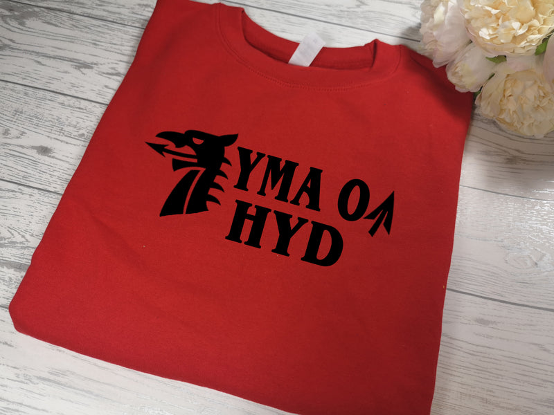 Custom welsh dragon Unisex RED jumper YMA O HYD detail in a choice of colour