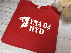 Custom welsh dragon Unisex RED jumper YMA O HYD detail in a choice of colour