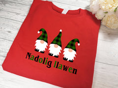 Custom Kids welsh RED gnomes Christmas jumper with gonks nadolig llawen detail