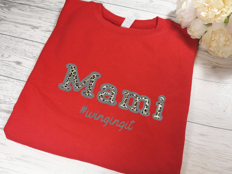 Personalised Unisex RED jumper with name Mum Mami  #winging it detail in a choice of colour