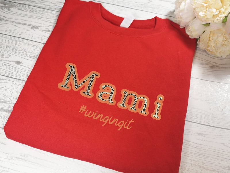 Personalised Unisex RED jumper with name Mum Mami  #winging it detail in a choice of colour