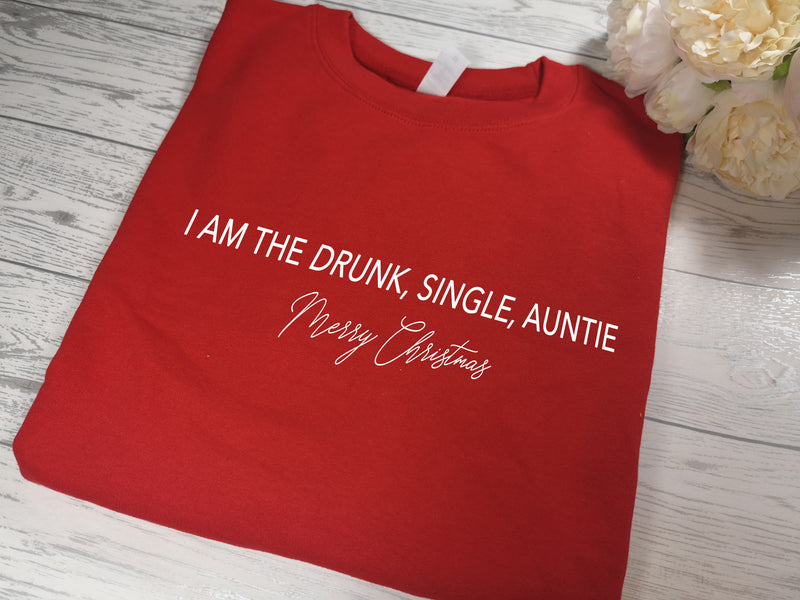 Custom Unisex RED Christmas  jumper Drunk Single Auntie detail
