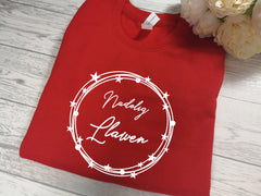 Custom Unisex WELSH RED Christmas jumper Nadolig llawen stars circle detail