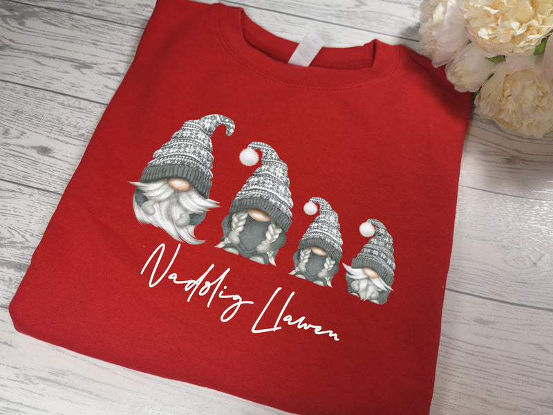 Custom KIDS welsh RED Christmas jumper gonks gnomes with Nadolig Llawen detail