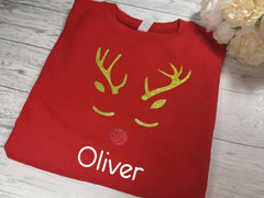 Personalised Unisex RED Christmas jumper with glitter Reindeer and name detail