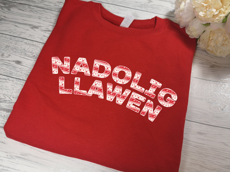 Custom Unisex RED welsh Christmas jumper with patterned Reindeer Nadolig llawen detail