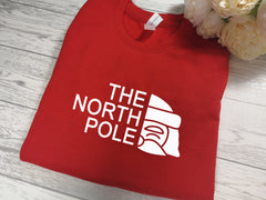 Custom Kids RED The North Pole Christmas jumper with choice of colour detail