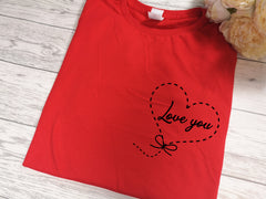 Custom Women's RED Love you Valentine's t-shirt detail in a choice of colours