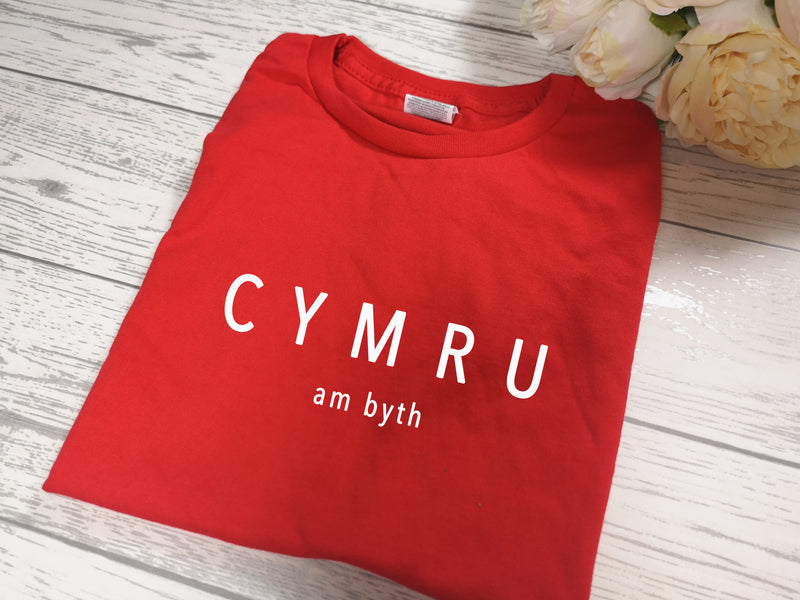 Custom Welsh RED Kids CYMRU am byth t-shirt with choice of colour detail