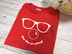 Personalised WELSH Red nose day face kids RED t-shirt Diwrnod trwyn coch