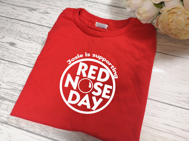 Personalised ADULTS Red nose day RED t-shirt with Name is supporting detail