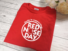 Personalised Red nose day kids RED t-shirt with Name is supporting detail