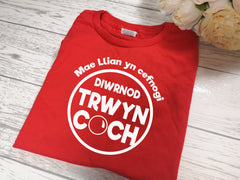 Personalised WESH Red nose day kids RED t-shirt with Name detail Diwrnod trwyn coch