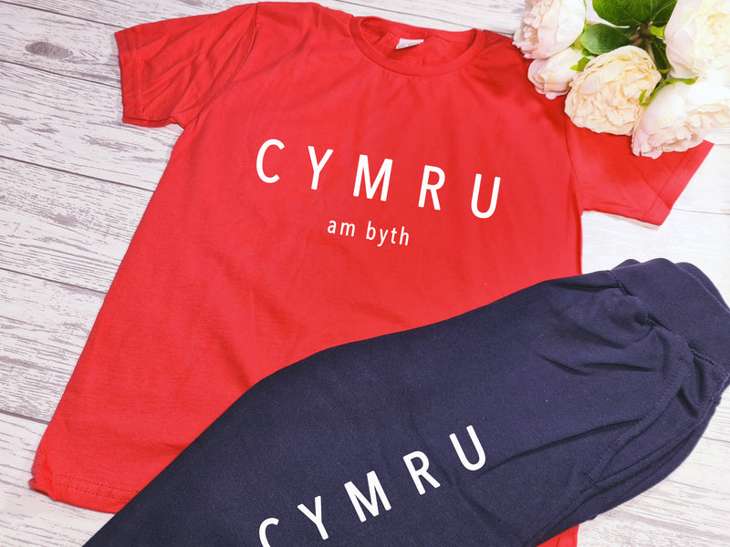Custom KIDS loungewear set RED t-shirt and Navy joggers with CYMRU am byth detail